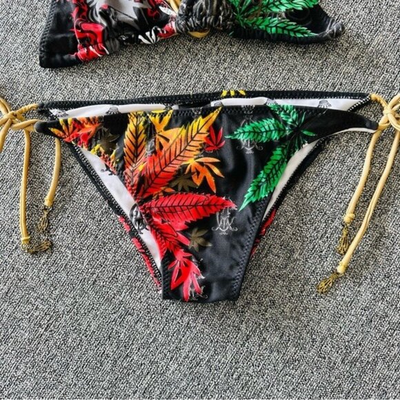 VTG Y2K Christian Audigier 2PC Bikini Sz L Rasta Leaf Print Gold Chain Luxe Swim - Picture 3 of 9
